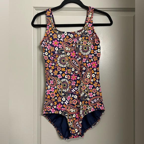 Lands End Floral Navy Tugless One-Piece Swimsuit - Picture 2 of 7